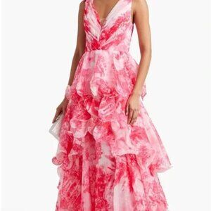 MARCHESA NOTTE Pink Tiered printed chiffon gown